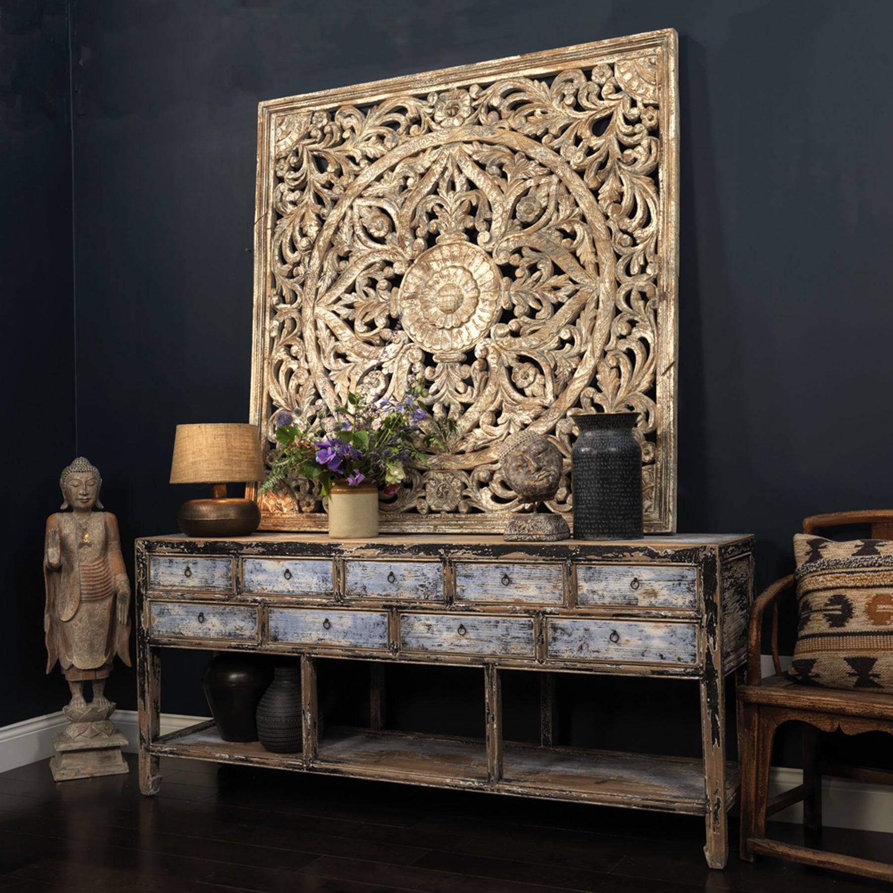 Large Carved Decorative Panel, Distressed Blue Console
