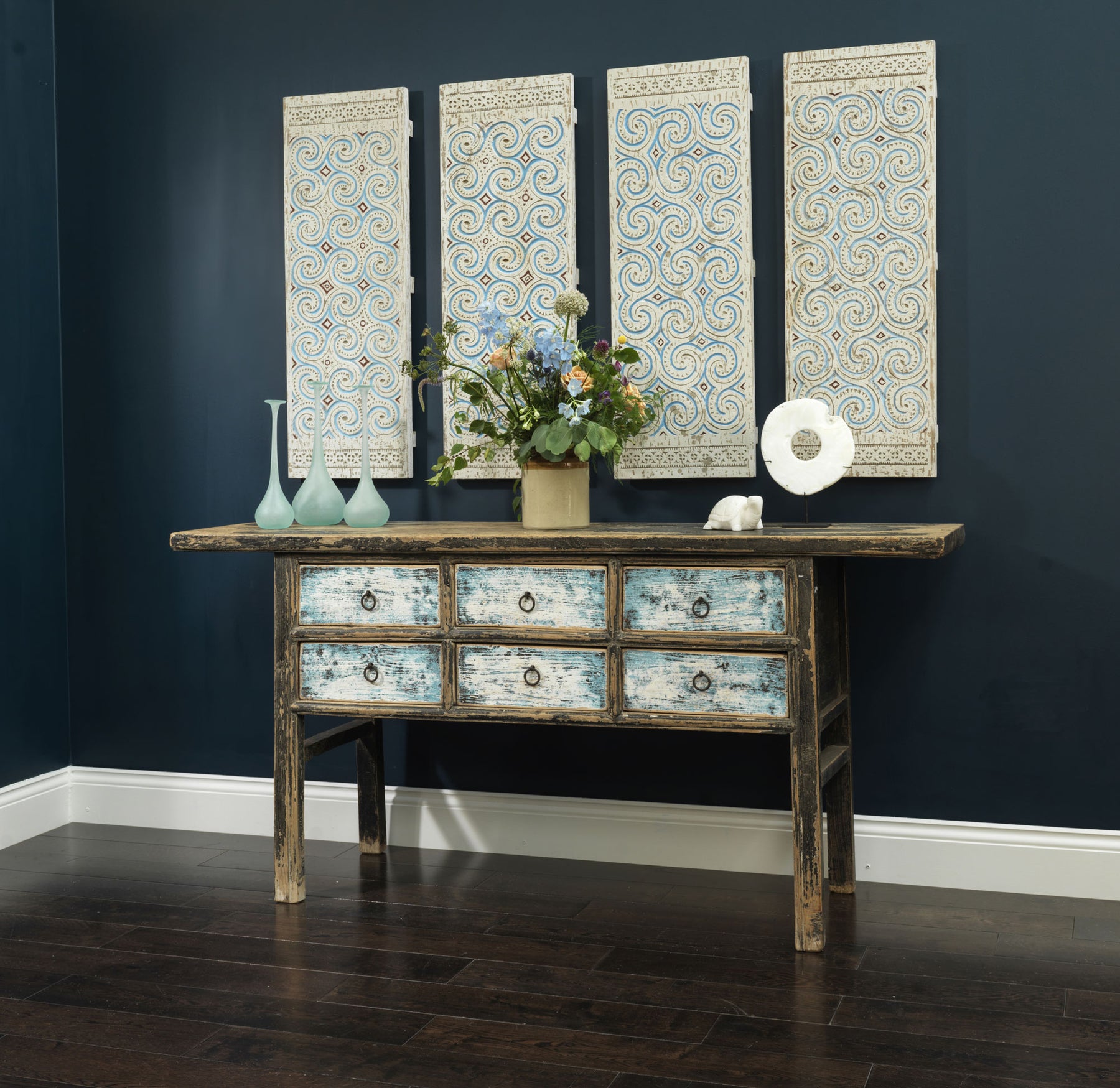 Six Drawer Distressed Blue Pine Console