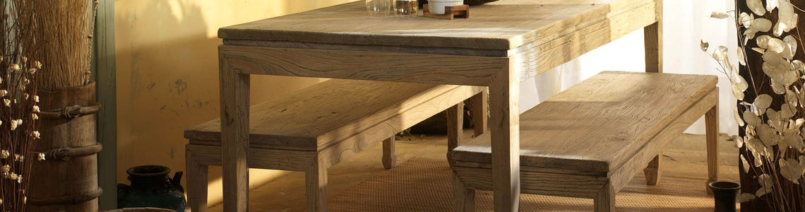 Reclaimed, rustic, solid wood dining tables in a natural finish