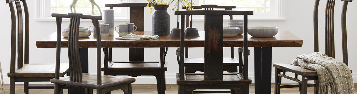 Reclaimed wood and vintage dining chairs, benches
