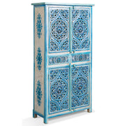 Blue Painted Large Almirah Cabinet with Carved Doors