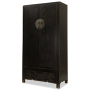 Large Dark Elm Antique Cabinet with Carved Apron