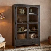 Valin Wide Mango Wood and Glass Cabinet, Charcoal