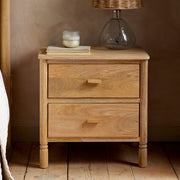 Sri Mango Wood Bedside Table, Natural Finish, Two Drawers